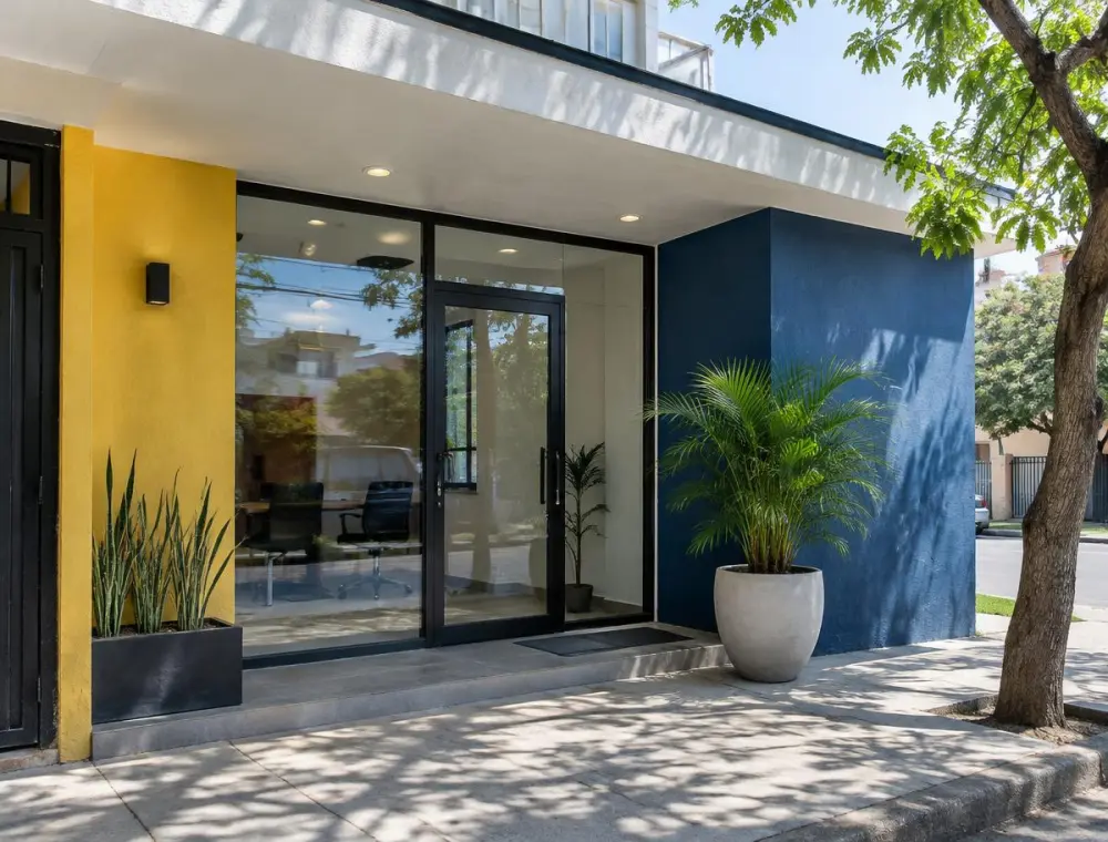 Fachada de una oficina con muros amarillo y azul (imagen ilustrativa, no es la oficina real)