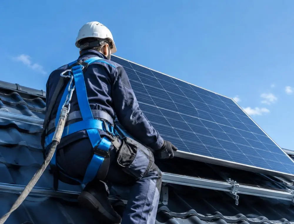 Técnico con arnés colocando un panel solar (imagen ilustrativa)